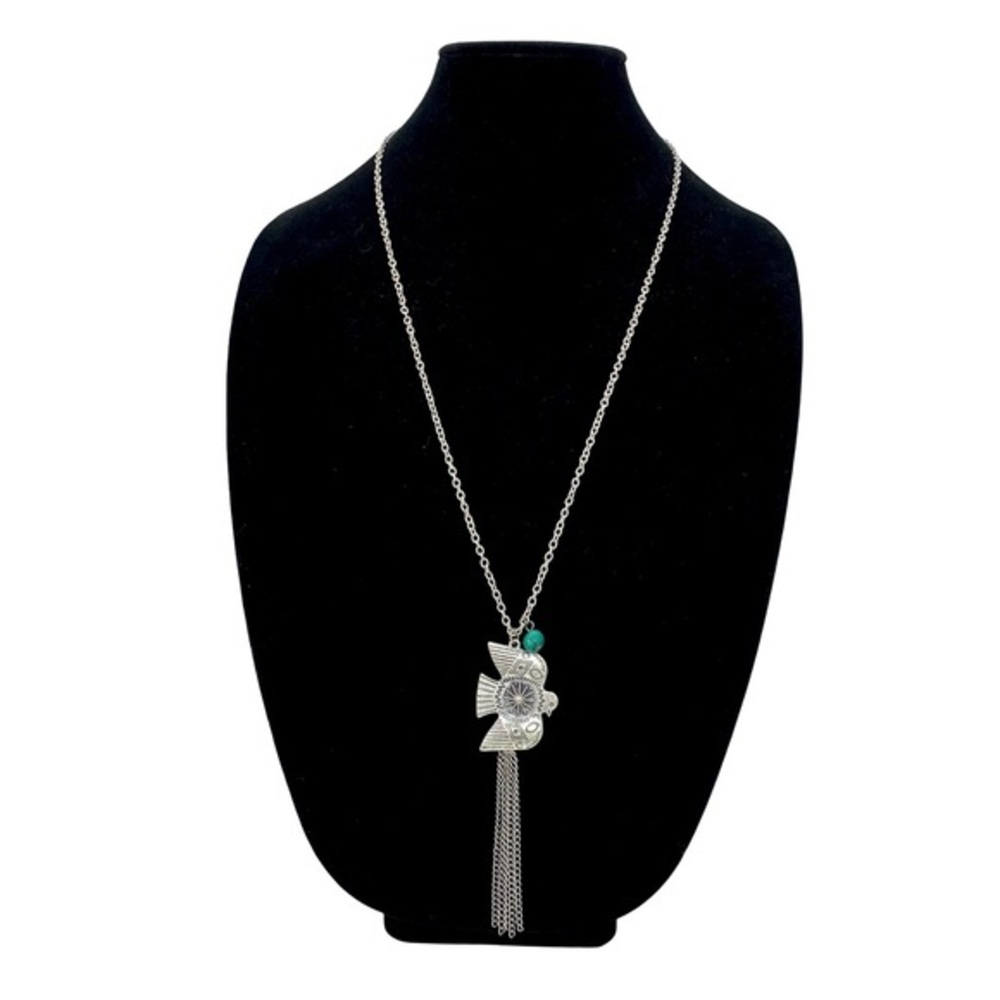 Vintage Thunderbird Phoenix Long Dangle Necklace Silver Tone Metal Turquoise